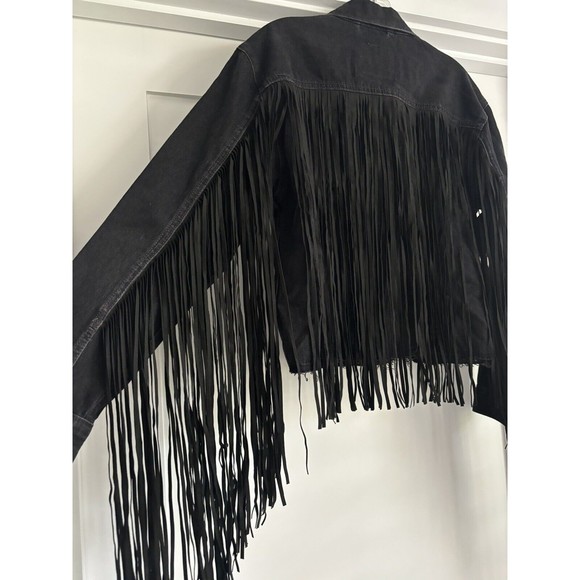 NWOT LEVI'S Ex Boyfriend Black DENIM TRUCKER JACKET With Fringe Sz S - Picture 6 of 8